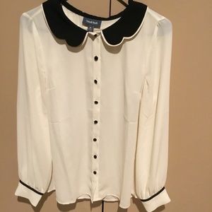 Modcloth White Black Collared Button Front Long Sleeve Blouse Size Medium
